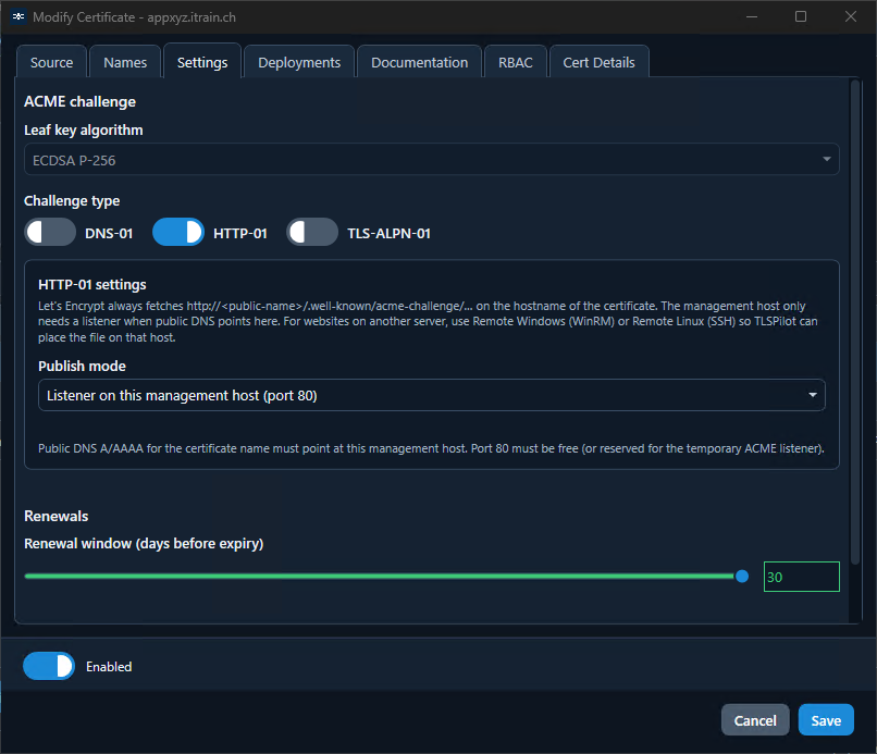 ACME HTTP-01: listener on the management host (port 80)