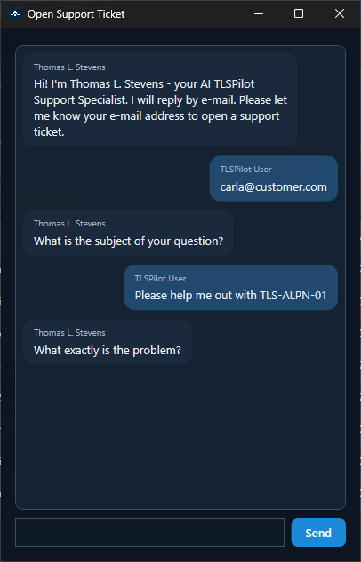 Open Support Ticket wizard: Thomas L. Stevens greeting, email, subject and problem.