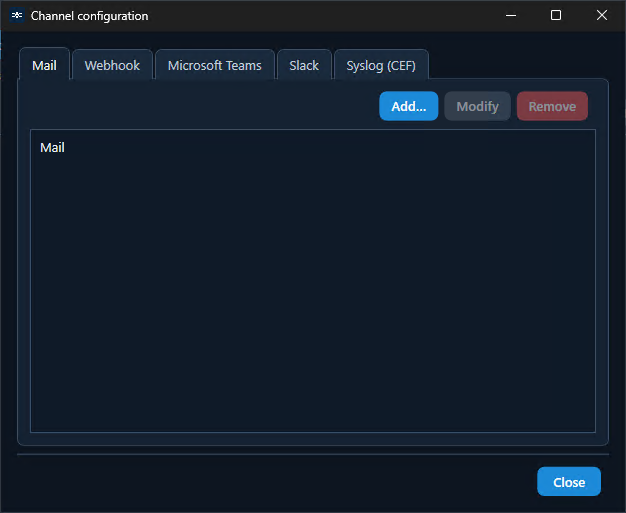Settings Alerts: Kanäle Mail, Teams, Slack, Webhook, Syslog