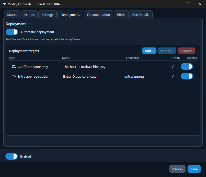 Certificate Deployments: mehrere Targets