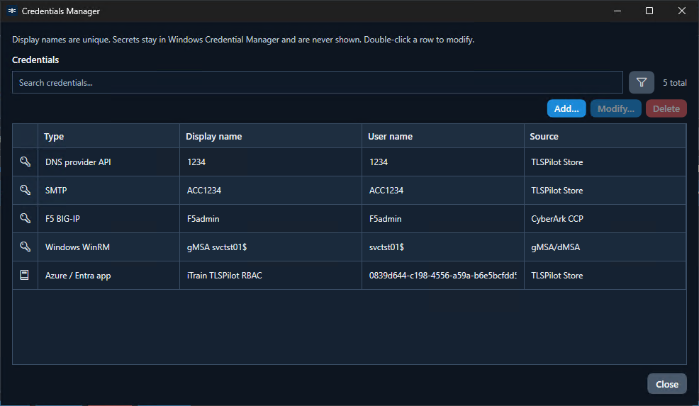 Credentials Manager: Types, Display names, Sources (TLSPilot Store, CyberArk CCP, gMSA/dMSA)
