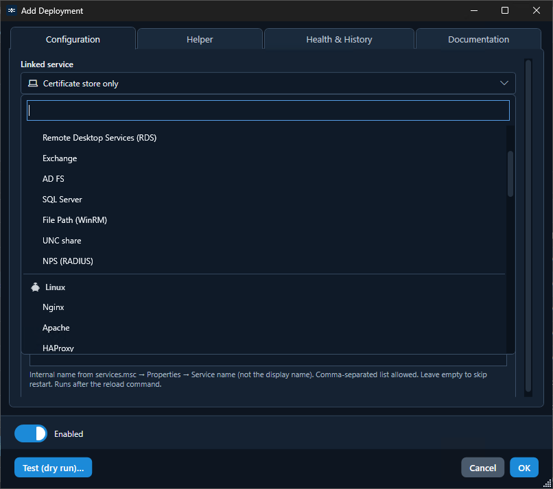 Add Deployment: Linked-service-Dropdown (Windows/Linux u. a.; Certificate store only ausgewählt)