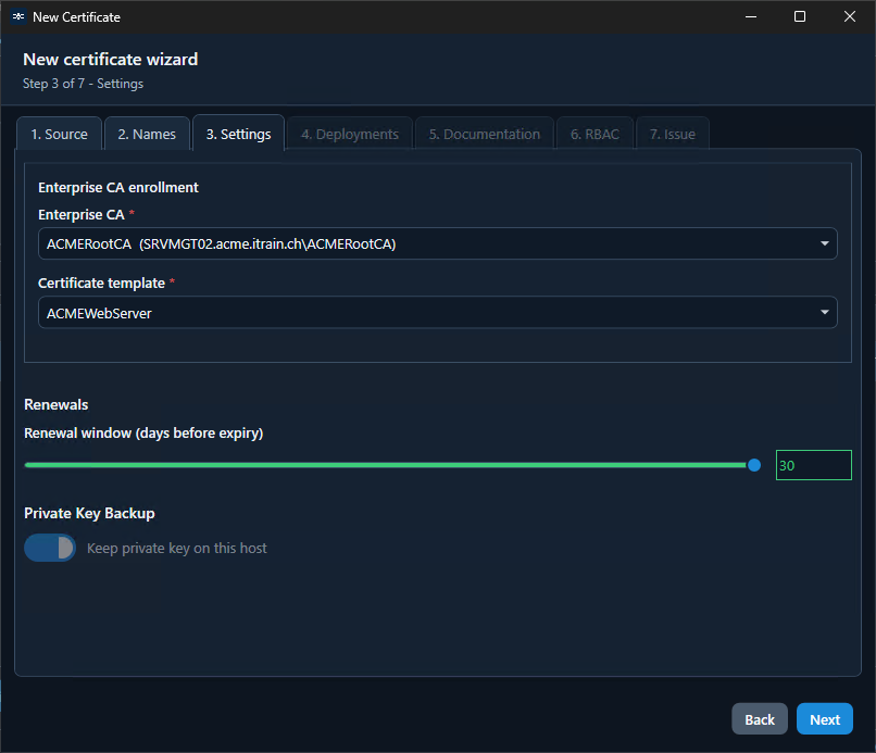 New Certificate wizard Settings: Enterprise CA enrollment, template, renewal window