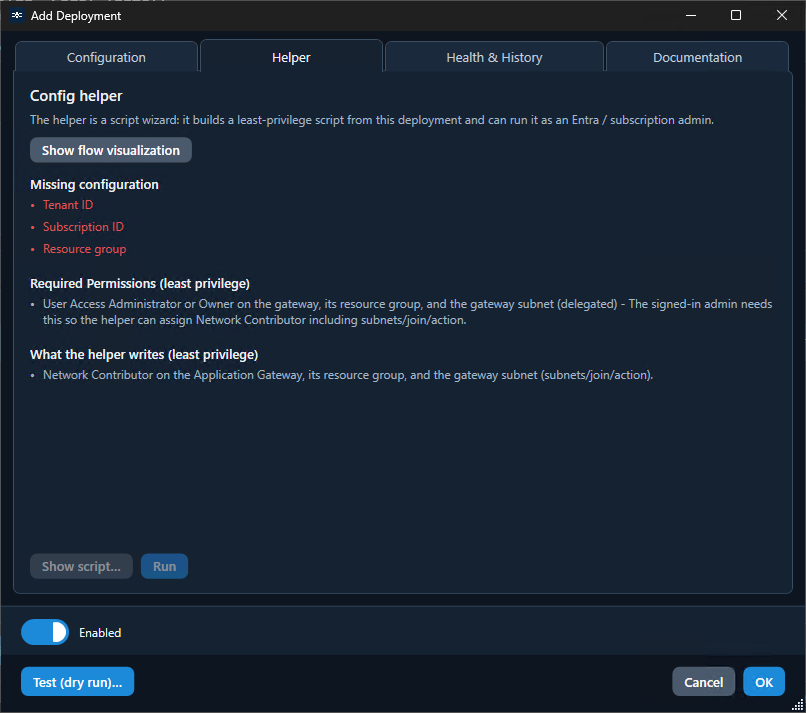 Add Deployment Helper: Azure Application Gateway, Required Permissions und What the helper writes (Least Privilege)