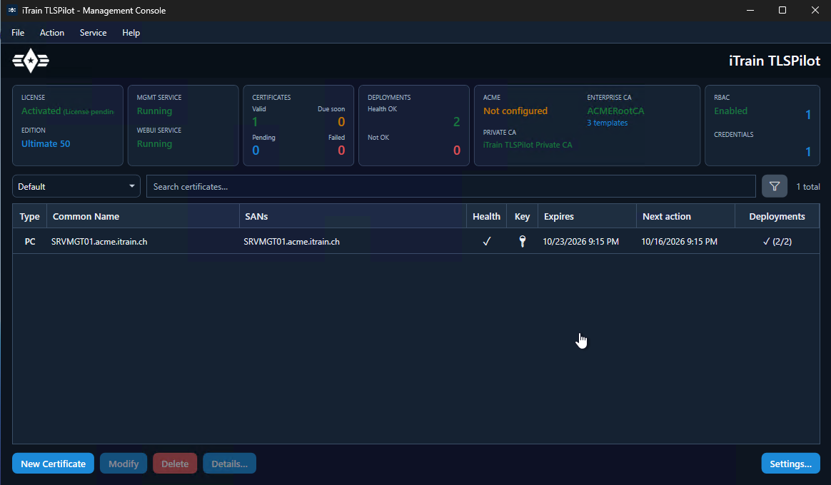 See certificate inventory health, license edition, and issuer tiles at a glance on the management host