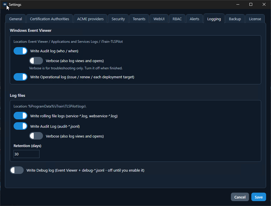 Settings Logging: Event Logs und Log-Dateien