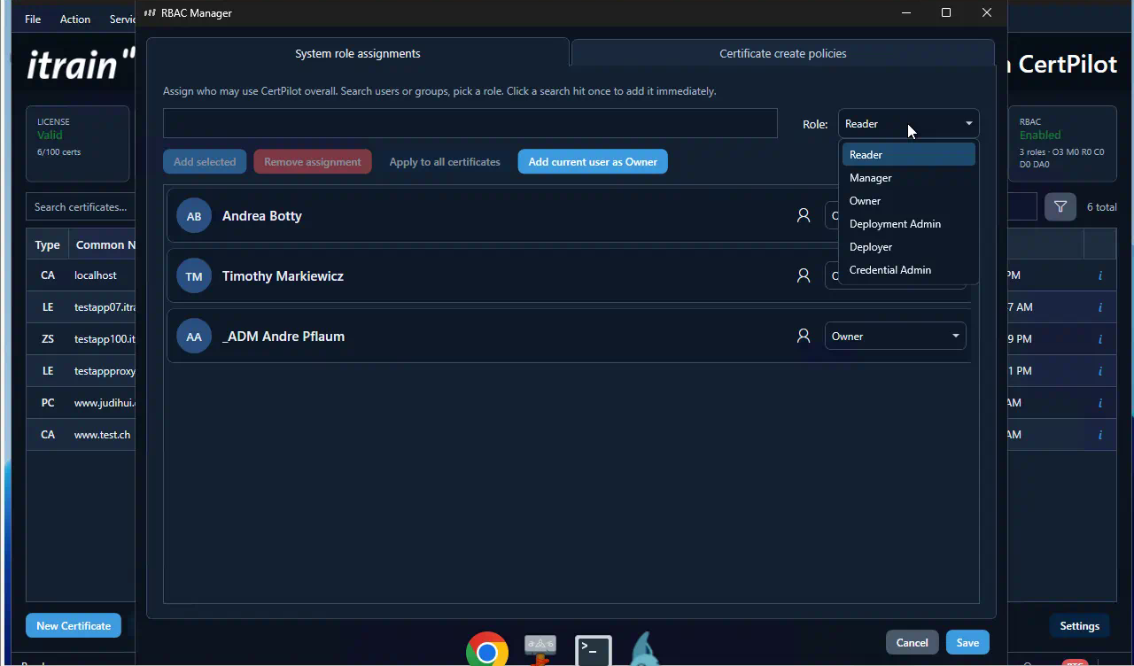 RBAC: Rollen auf Zertifikat, Deployment, Credential, Tenant oder insgesamt