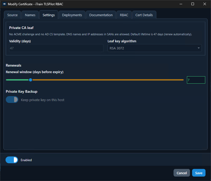 Modify Certificate Settings: Renewal window Slider und Private CA leaf
