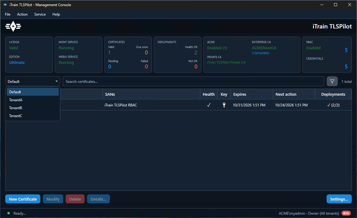 Tenant dropdown on certificates and credentials
