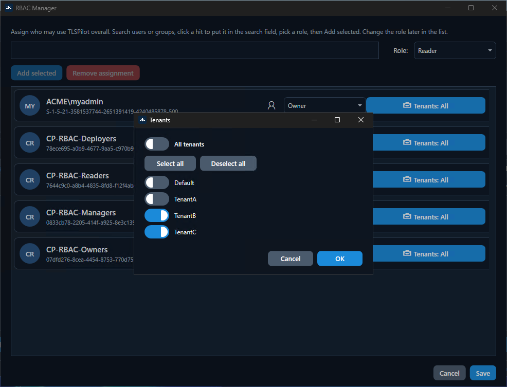 RBAC: scope permissions to tenants