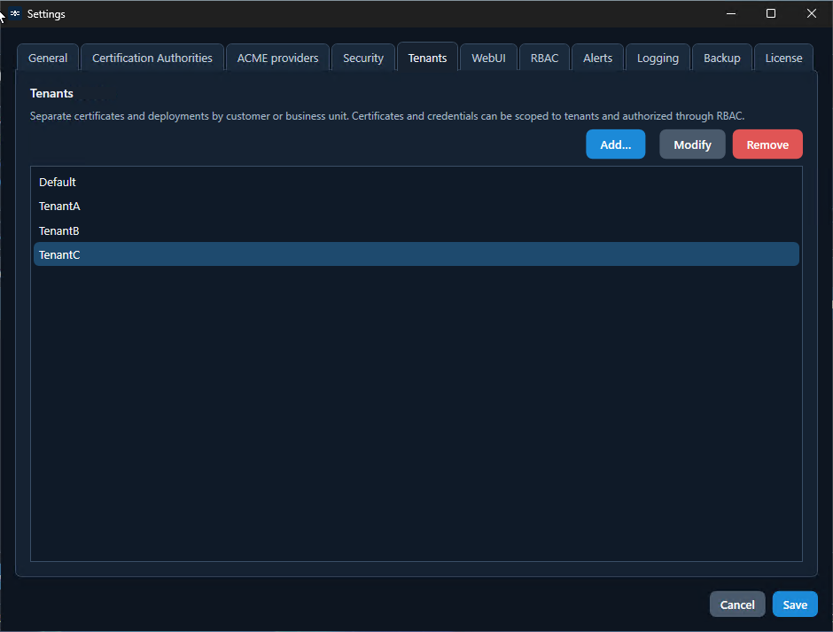 Settings tenants: tenant list and configuration