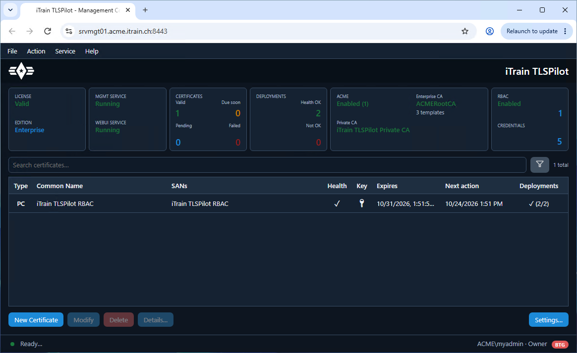 TLSPilot WebUI in the browser: dashboard like the Management Tool