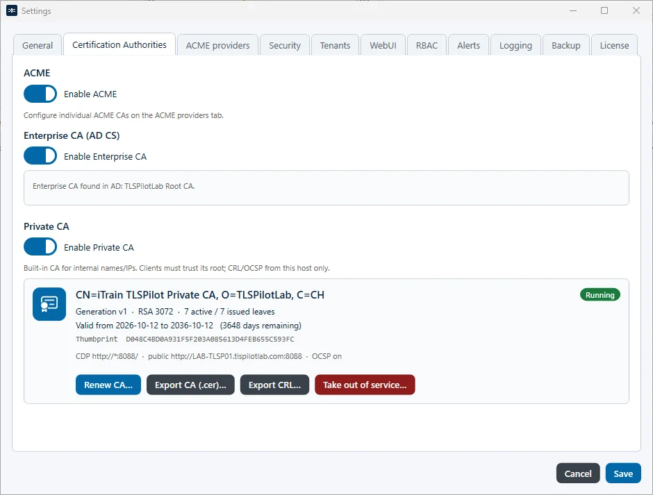 Tab Certification Authorities in the settings