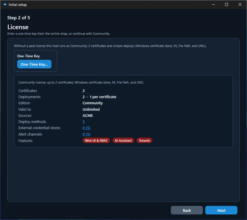 Initial Setup Wizard: Community license