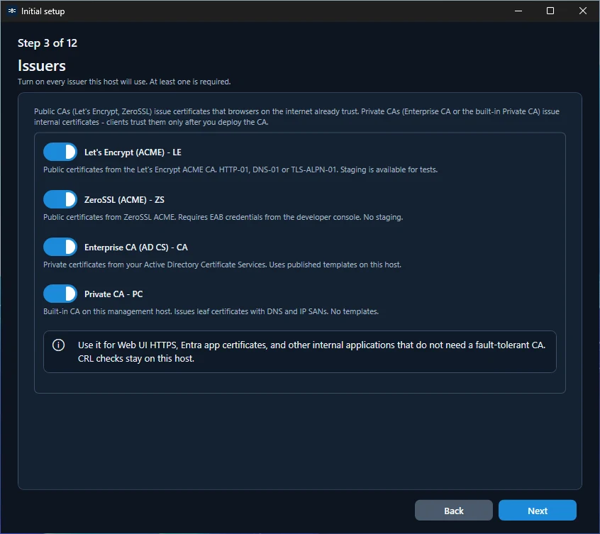 Initial Setup Wizard: Issuers