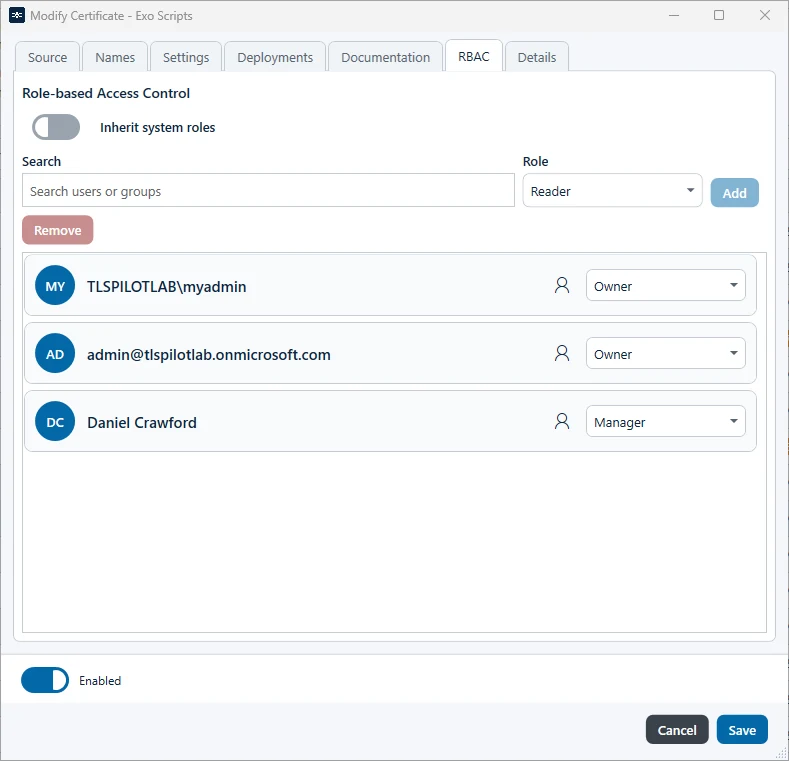 Own role assignments of a certificate