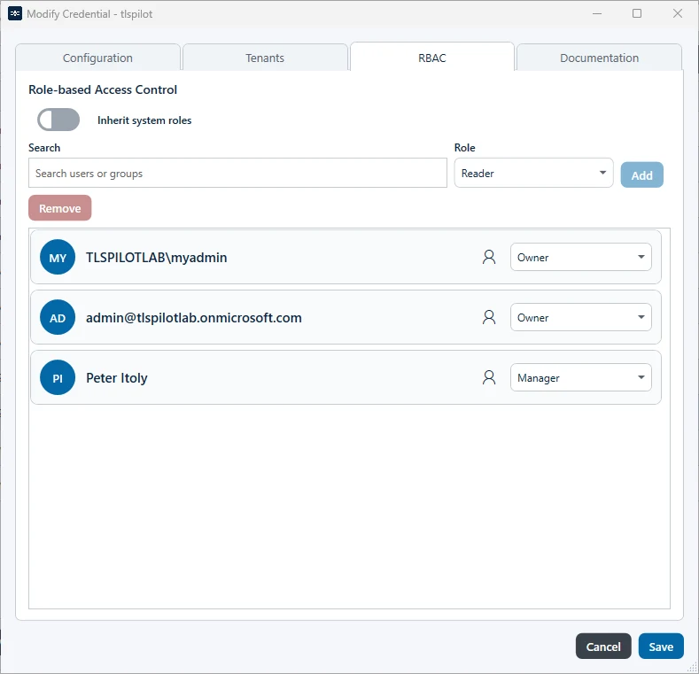 Role assignments of a credential