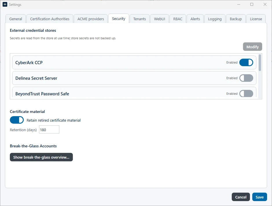 External credential stores in the settings
