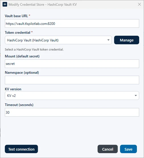 Connection settings for HashiCorp Vault KV