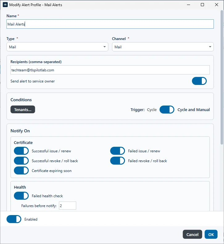 Alert profile with recipients and conditions