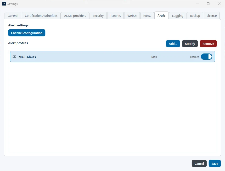 Alert profiles in the settings