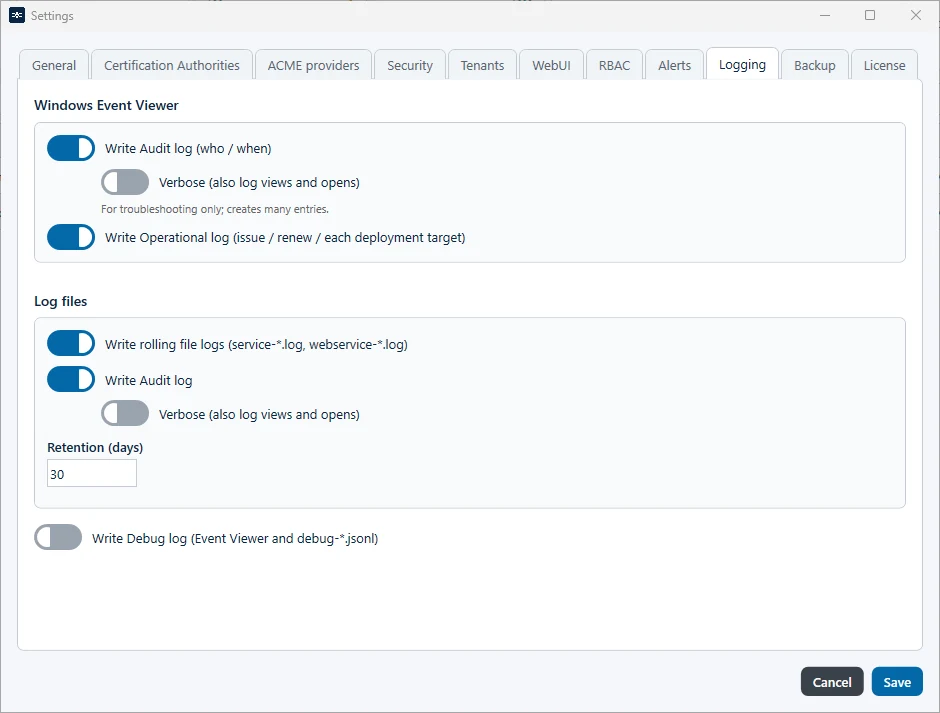 Tab Logging in the settings