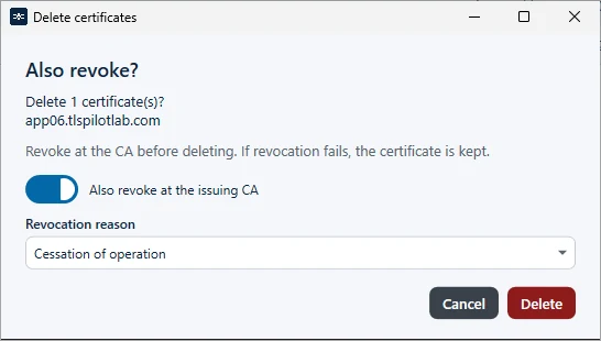 Deleting a certificate with revocation