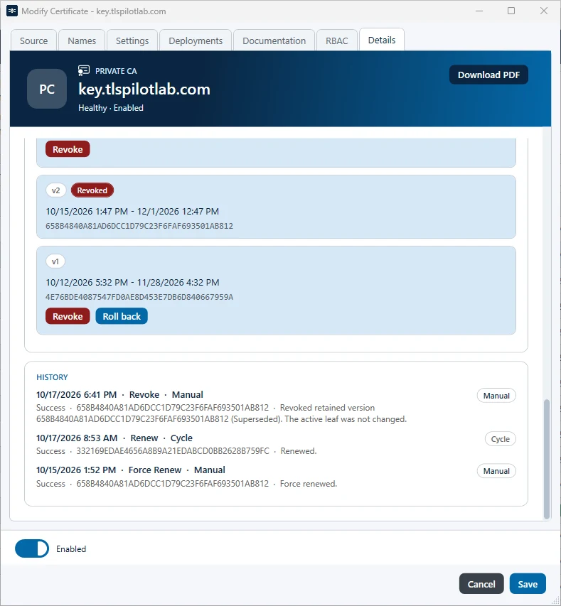 History on the tab Details