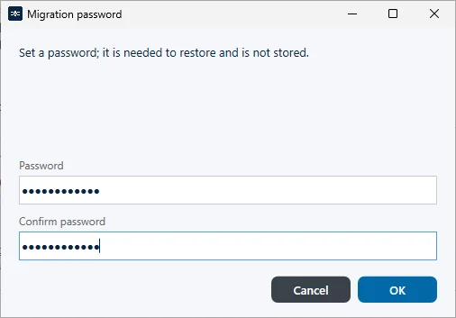 Password for the migration backup