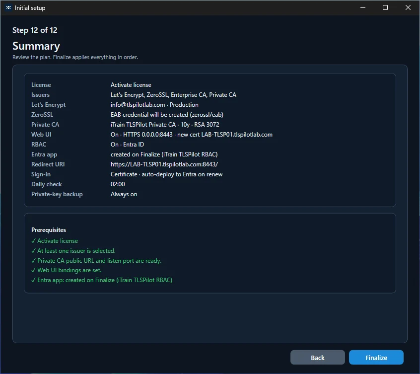 Initial Setup Wizard: Summary