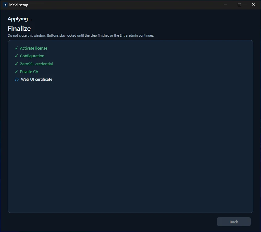 Initial Setup Wizard: Finalize in progress