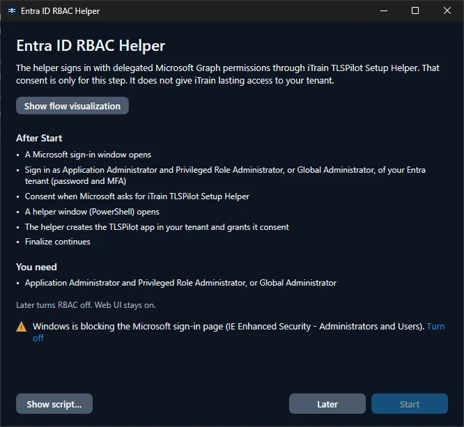 Entra ID RBAC Helper with the warning about IE Enhanced Security