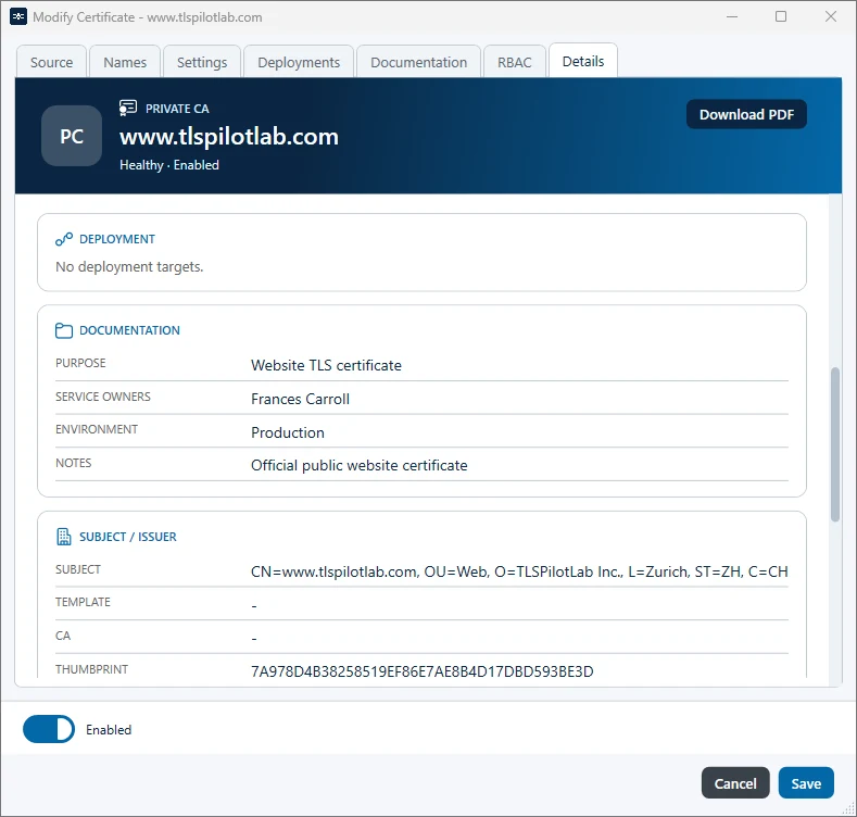 Tab Details with documentation and subject