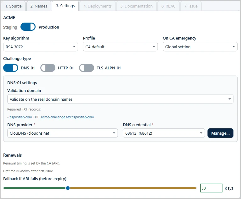 Step Settings with the DNS-01 challenge