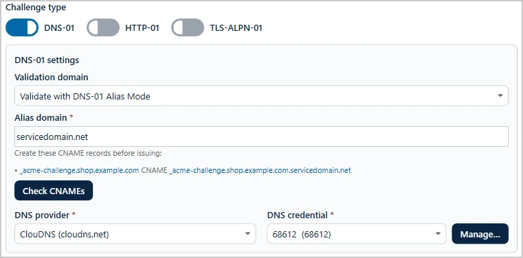 DNS-01 Alias Mode with the alias domain servicedomain.net