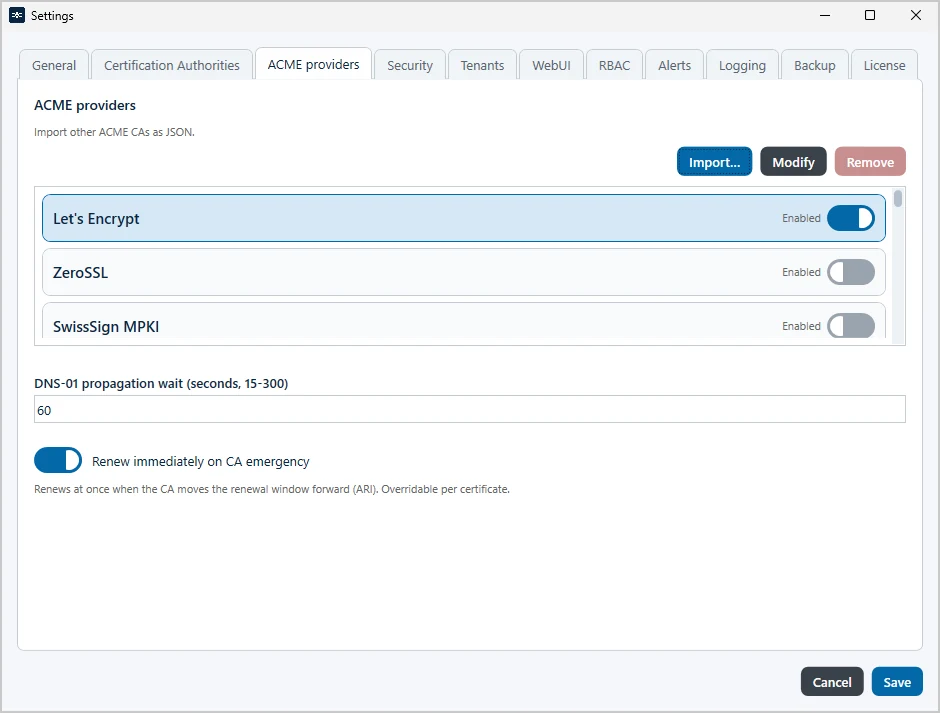 Tab ACME providers in the settings
