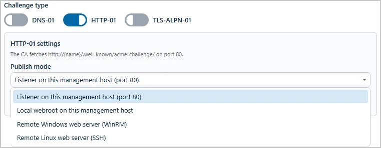 HTTP-01 challenge with the publish modes