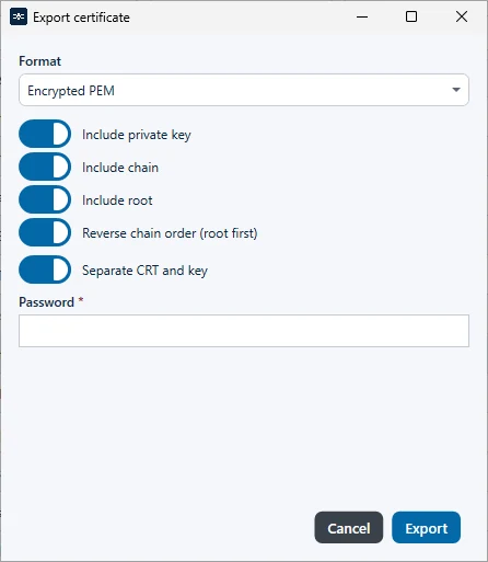 Dialog Export certificate