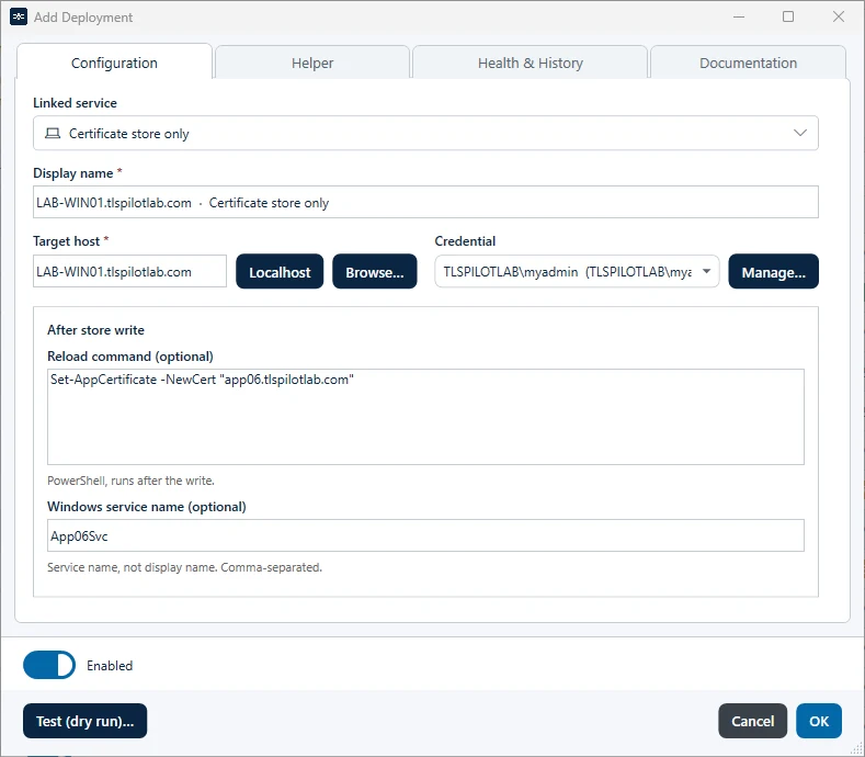 Linked service Certificate store only