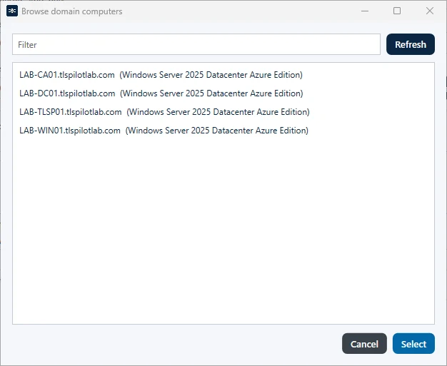 Selecting the target host in Active Directory