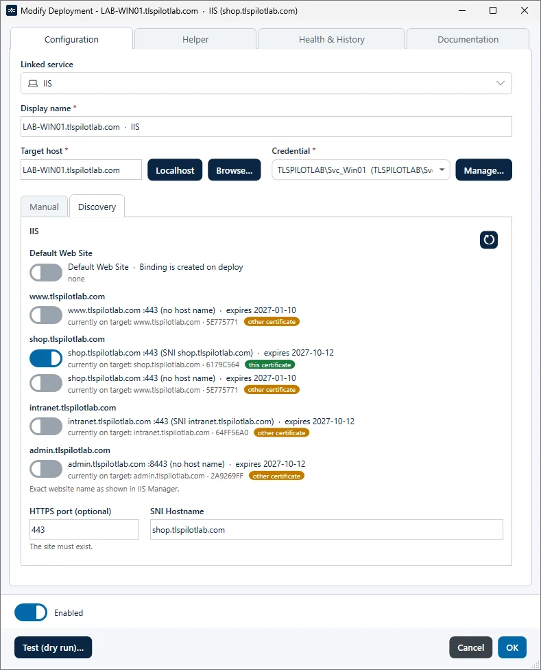 IIS deployment, tab Discovery with one toggle per binding