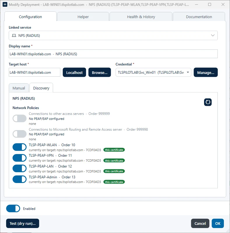 NPS deployment, tab Discovery with network policies
