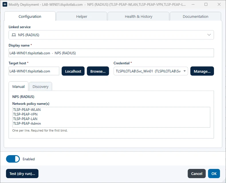 NPS deployment, tab Manual