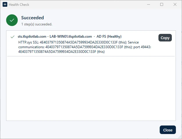 Health check of the AD FS deployment with HTTP.sys SSL, service communications and port 49443