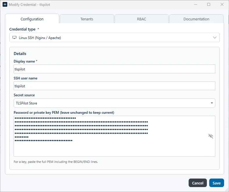 SSH credential in the Credentials Manager