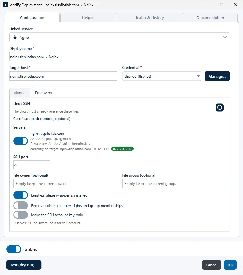 Nginx deployment, tab Discovery with the toggle Least-privilege wrapper is installed