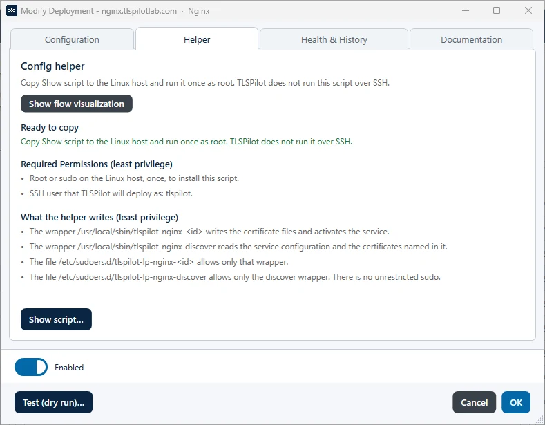 nginx deployment, tab Helper with Config helper, Required Permissions and What the helper writes