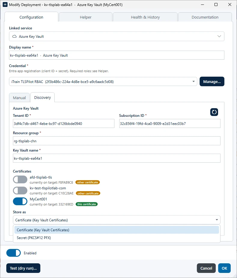 Azure Key Vault deployment with Store as