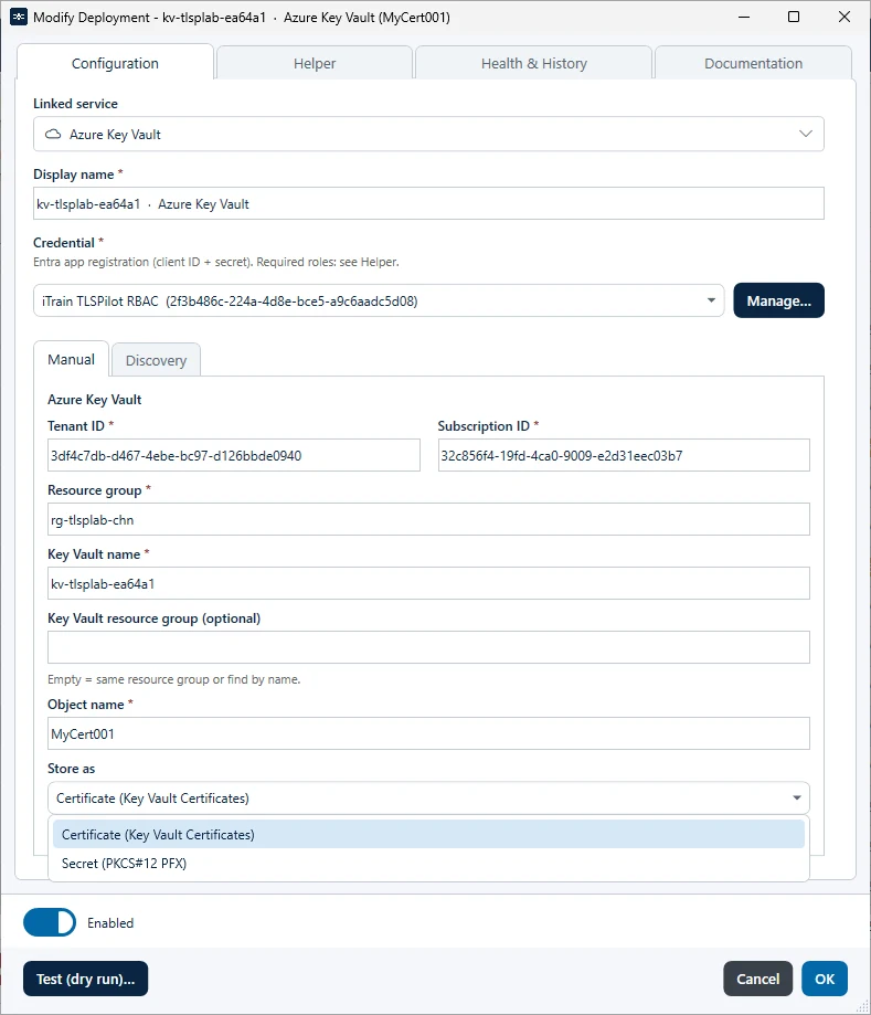 Azure Key Vault deployment, tab Manual