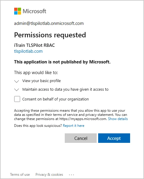 Microsoft consent for iTrain TLSPilot RBAC